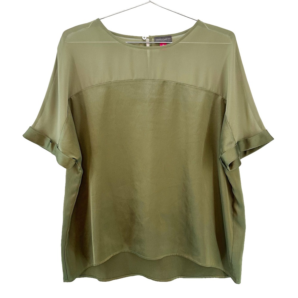 VINCE CAMUTO Sheer & Satin Short Sleeve Tee • Medium • olive, army green • chic - Picture 7 of 7